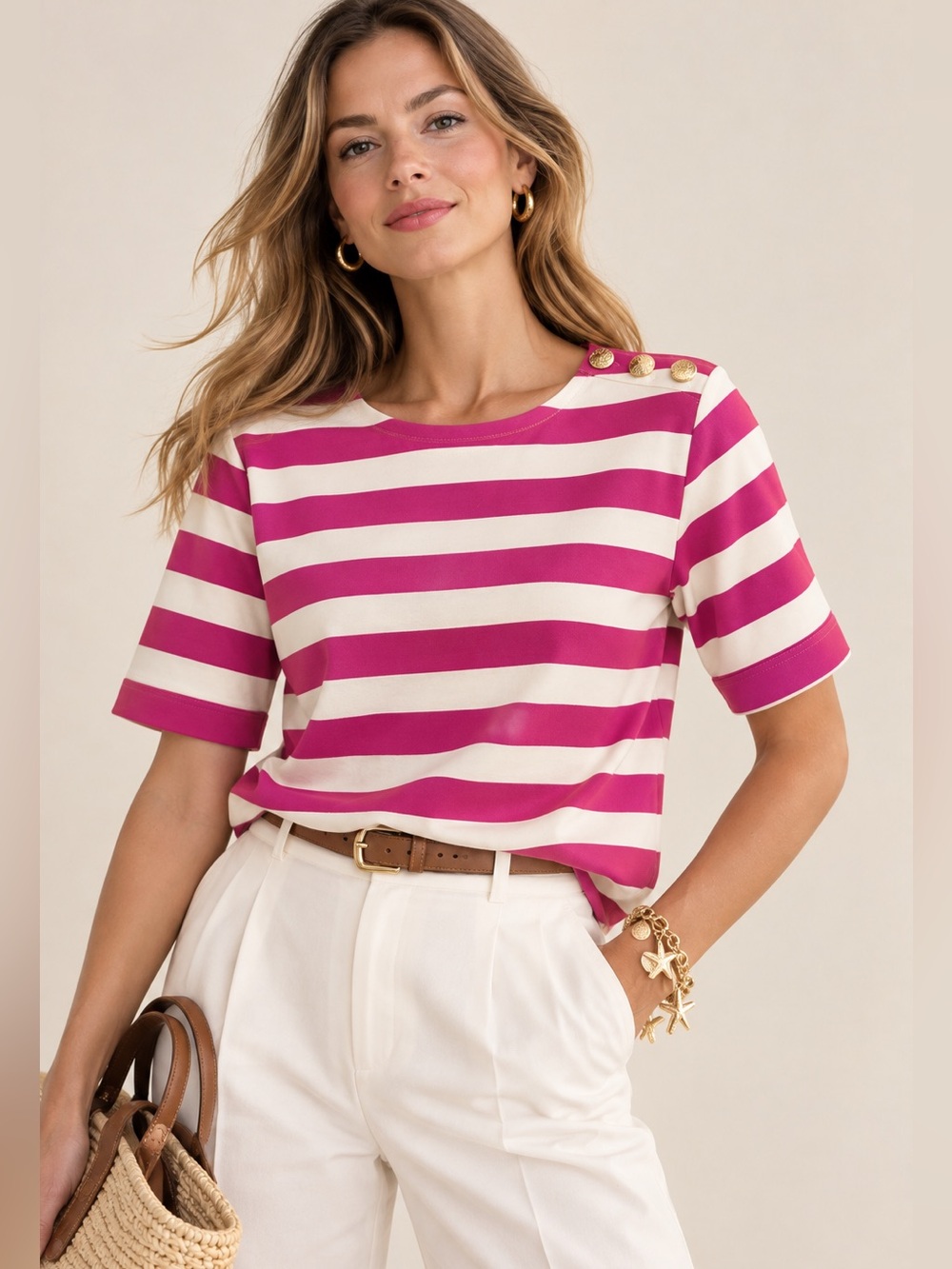 J.Crew Striped Cotton Shoulder Button Top Fuchsia Cream XL NWT
